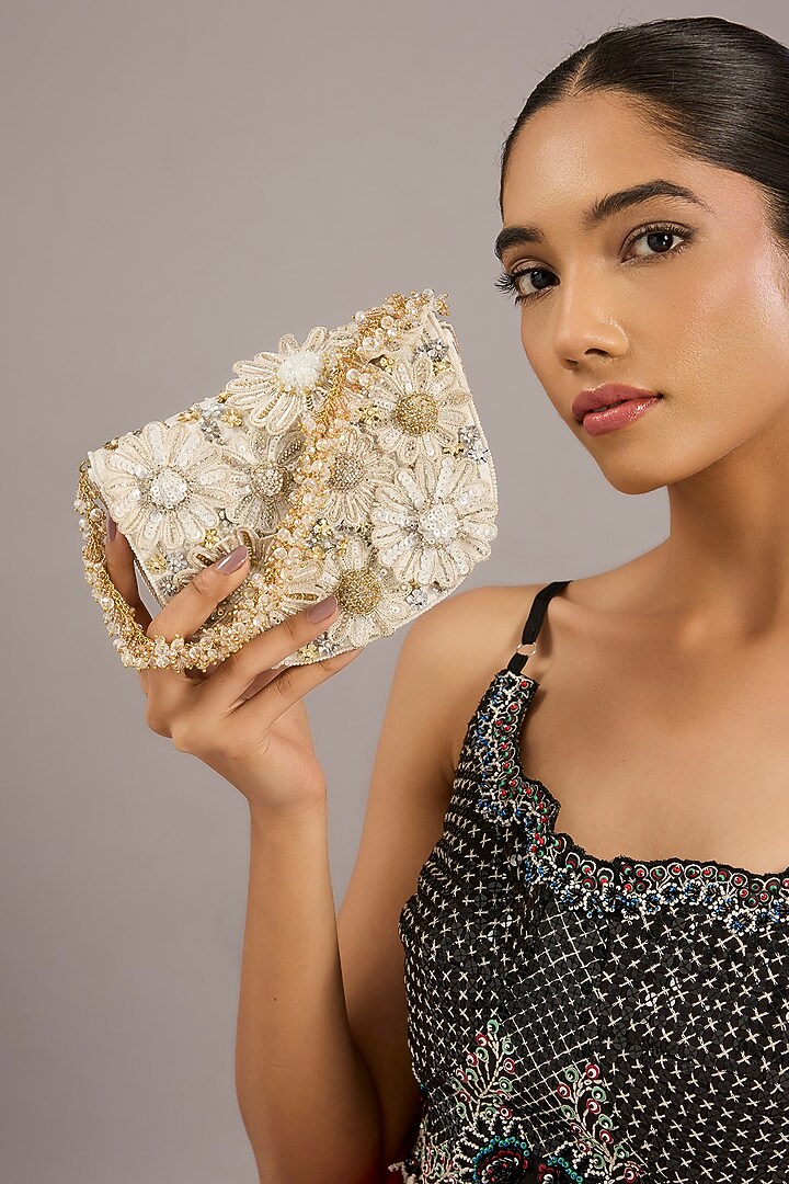 Ivory Japanese Bugle Bead Hand Embroidered Clutch by Doux Amour at Pernia's Pop Up Shop