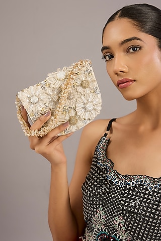 Ivory Japanese Bugle Bead Hand Embroidered Clutch by Doux Amour