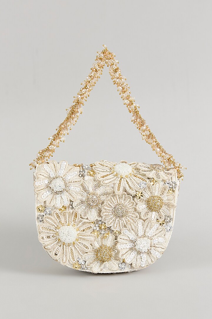 Ivory Japanese Bugle Bead Hand Embroidered Clutch by Doux Amour at Pernia's Pop Up Shop