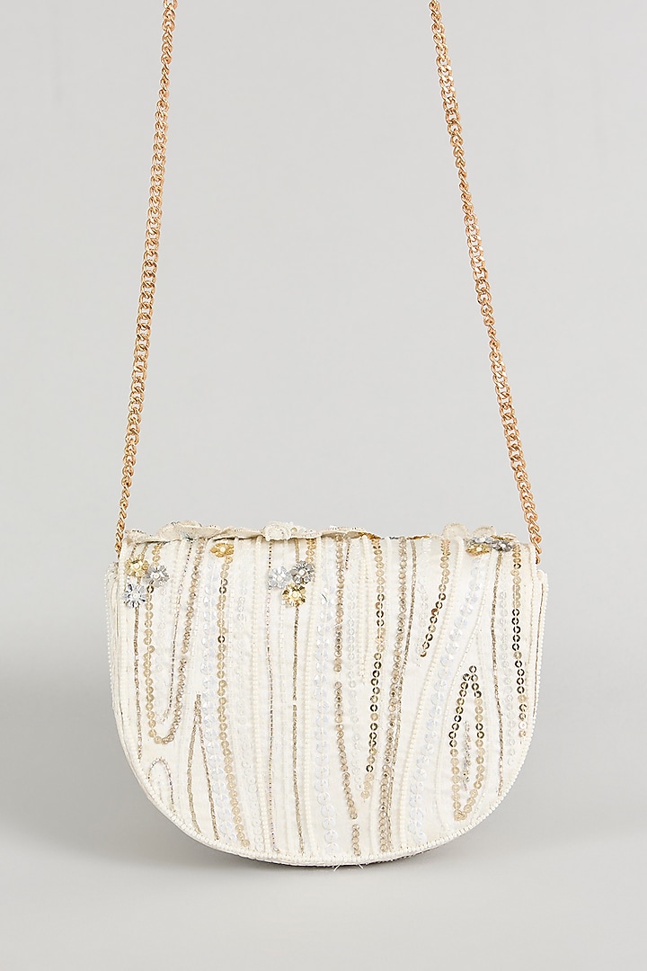 Ivory Japanese Bugle Bead Hand Embroidered Clutch by Doux Amour at Pernia's Pop Up Shop