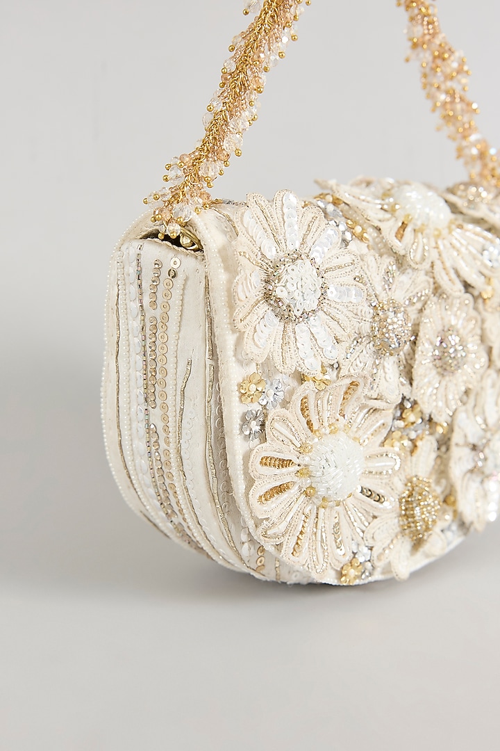 Ivory Japanese Bugle Bead Hand Embroidered Clutch by Doux Amour at Pernia's Pop Up Shop