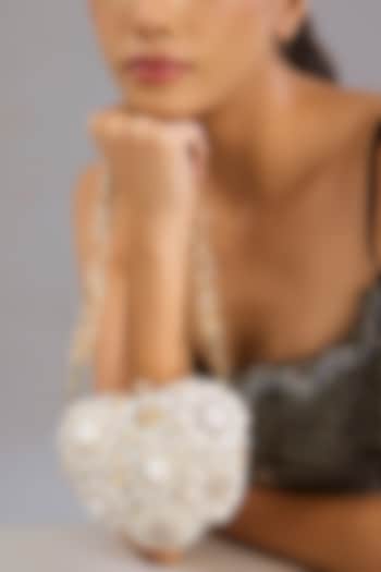 Ivory Japanese Bugle Bead Hand Embroidered Heart Clutch by Doux Amour at Pernia's Pop Up Shop