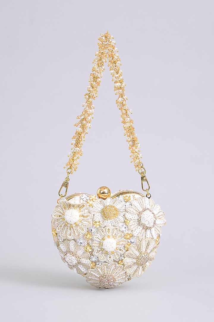 Ivory Japanese Bugle Bead Hand Embroidered Heart Clutch by Doux Amour at Pernia's Pop Up Shop