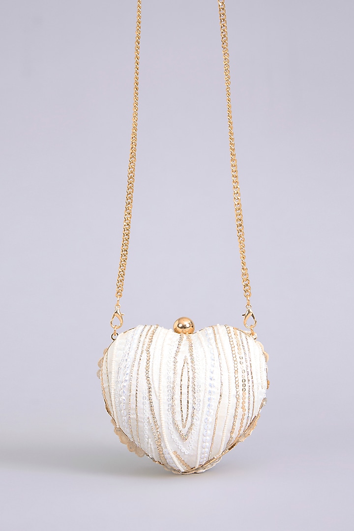 Ivory Japanese Bugle Bead Hand Embroidered Heart Clutch by Doux Amour at Pernia's Pop Up Shop