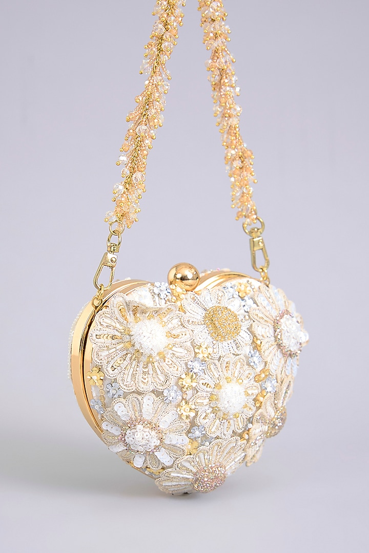 Ivory Japanese Bugle Bead Hand Embroidered Heart Clutch by Doux Amour at Pernia's Pop Up Shop