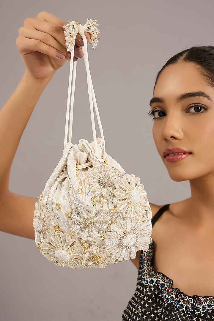 Ivory Japanese Bugle Bead Hand Embroidered Potli by Doux Amour at Pernia's Pop Up Shop