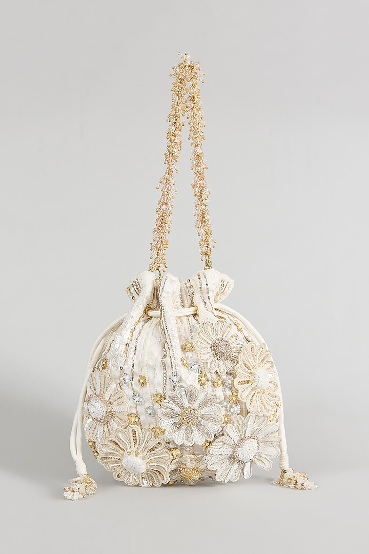 Ivory Japanese Bugle Bead Hand Embroidered Potli by Doux Amour at Pernia's Pop Up Shop
