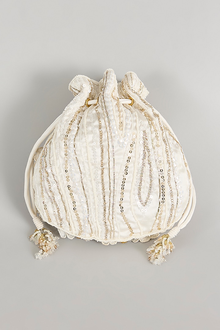 Ivory Japanese Bugle Bead Hand Embroidered Potli by Doux Amour at Pernia's Pop Up Shop