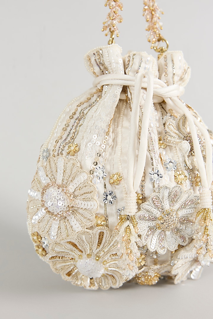 Ivory Japanese Bugle Bead Hand Embroidered Potli by Doux Amour at Pernia's Pop Up Shop