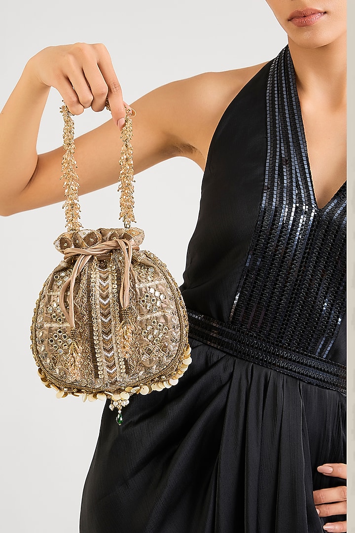 Gold Crystal & Bugle Beaded Potli by Doux Amour at Pernia's Pop Up Shop