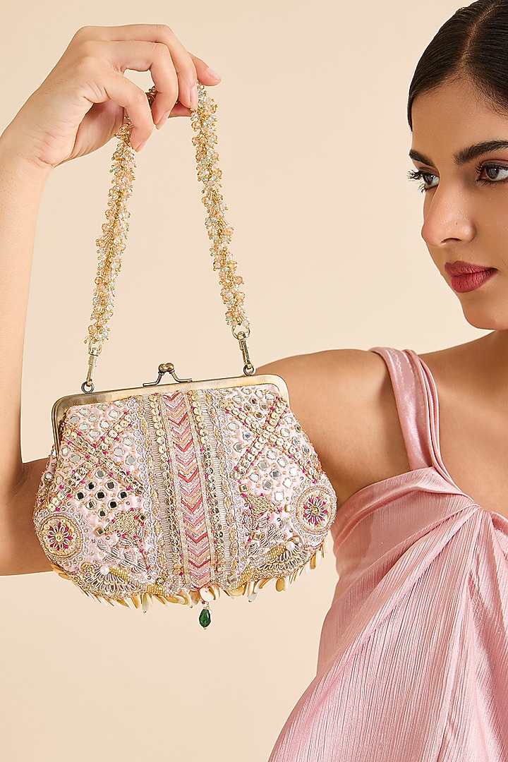 Blush Microfiber Bugle Beads Clutch by Doux Amour at Pernia's Pop Up Shop