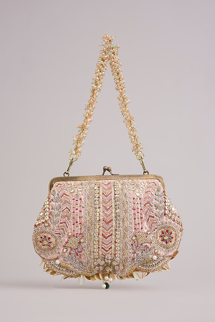 Blush Microfiber Bugle Beads Clutch by Doux Amour at Pernia's Pop Up Shop
