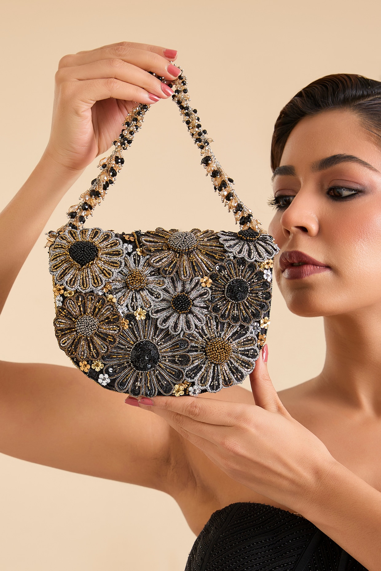Doux Amour Black Suede & Japanese Beaded Handbag