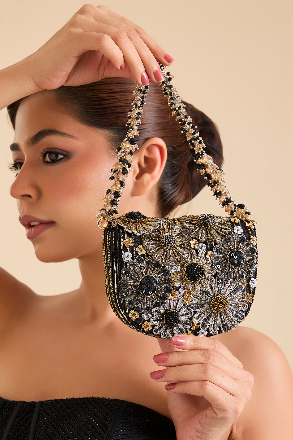 Doux Amour Black Suede & Japanese Beaded Handbag