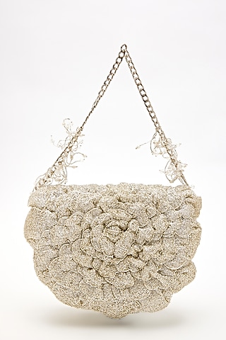 Summer Silver Japanese Bugle Bead Embroidered Bag by Doux Amour