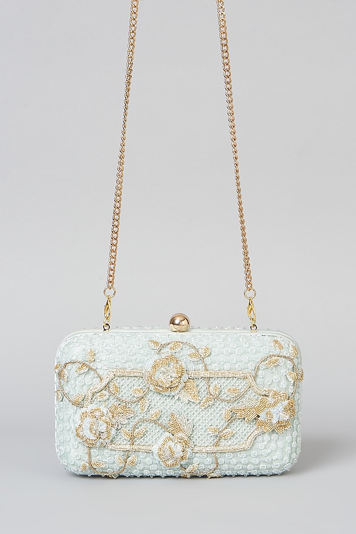 Powder Blue Hand Embroidered Hand-Sewn Clutch by Doux Amour