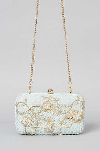 Powder Blue Hand Embroidered Hand-Sewn Clutch by Doux Amour
