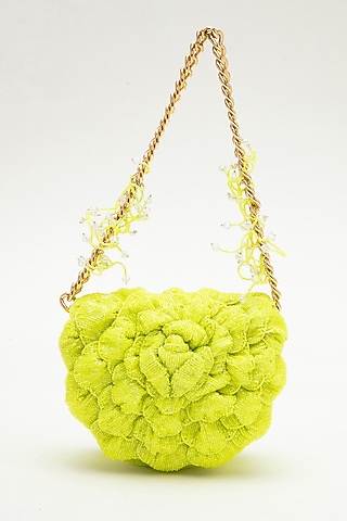 Green Japanese Bead Embroidered Clutch by Doux Amour
