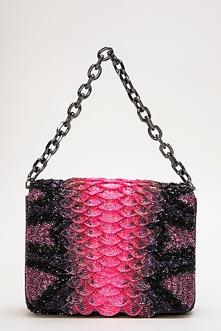 Pink Japanese Bead Embroidered Clutch by Doux Amour