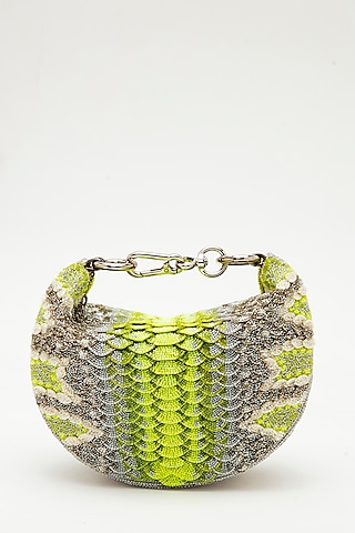 Green Japanese Bead Embroidered Clutch by Doux Amour