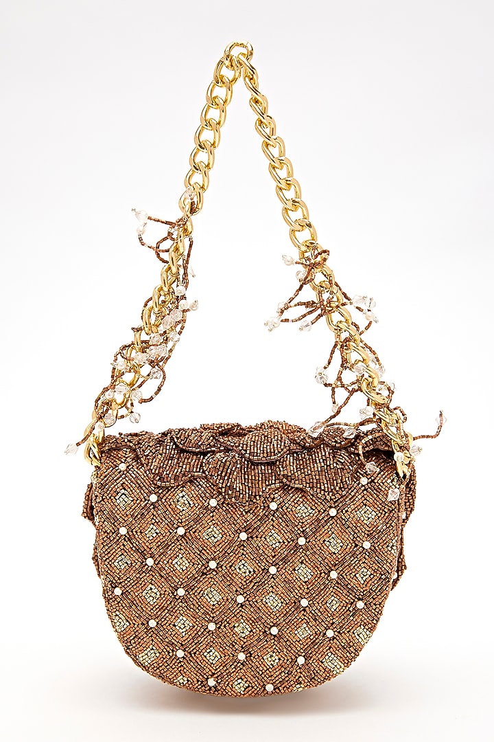 Copper Poly Satin Japanese Bugle Bead Hand Embroidered Clutch by Doux Amour at Pernia's Pop Up Shop
