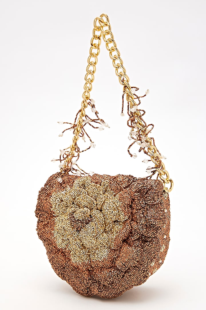 Copper Poly Satin Japanese Bugle Bead Hand Embroidered Clutch by Doux Amour at Pernia's Pop Up Shop