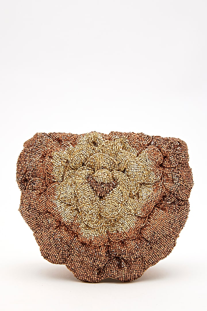 Copper Poly Satin Japanese Bugle Bead Hand Embroidered Clutch by Doux Amour at Pernia's Pop Up Shop