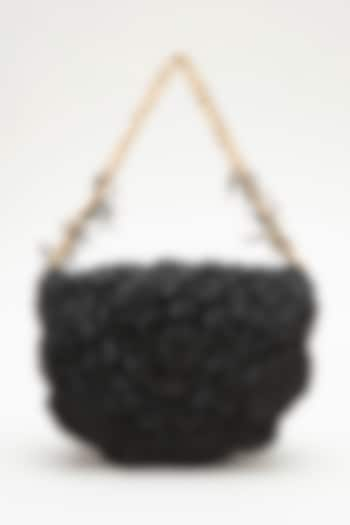 Black Poly Satin Japanese Bugle Bead Hand Embroidered Clutch by Doux Amour