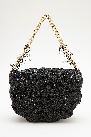 Black Microfiber Japanese Bugle Beaded Hand Embroidered Handcrafted Sling Bag by Doux Amour