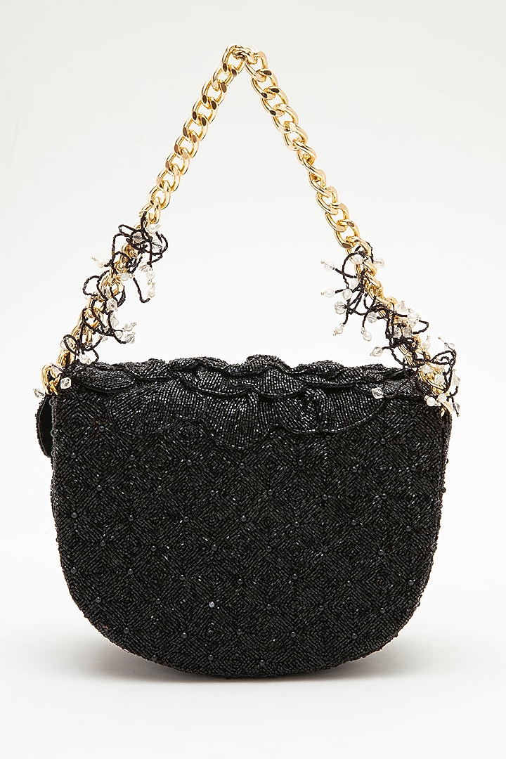 Black Microfiber Japanese Bugle Beaded Hand Embroidered Handcrafted Sling Bag by Doux Amour at Pernia's Pop Up Shop