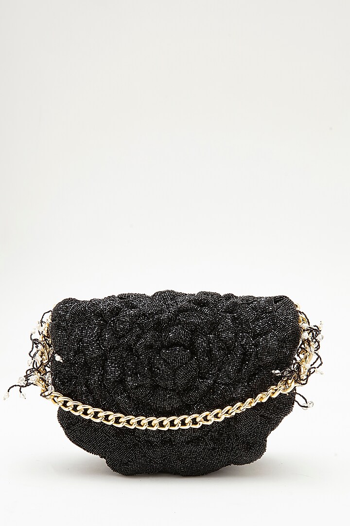 Black Microfiber Japanese Bugle Beaded Hand Embroidered Handcrafted Sling Bag by Doux Amour at Pernia's Pop Up Shop
