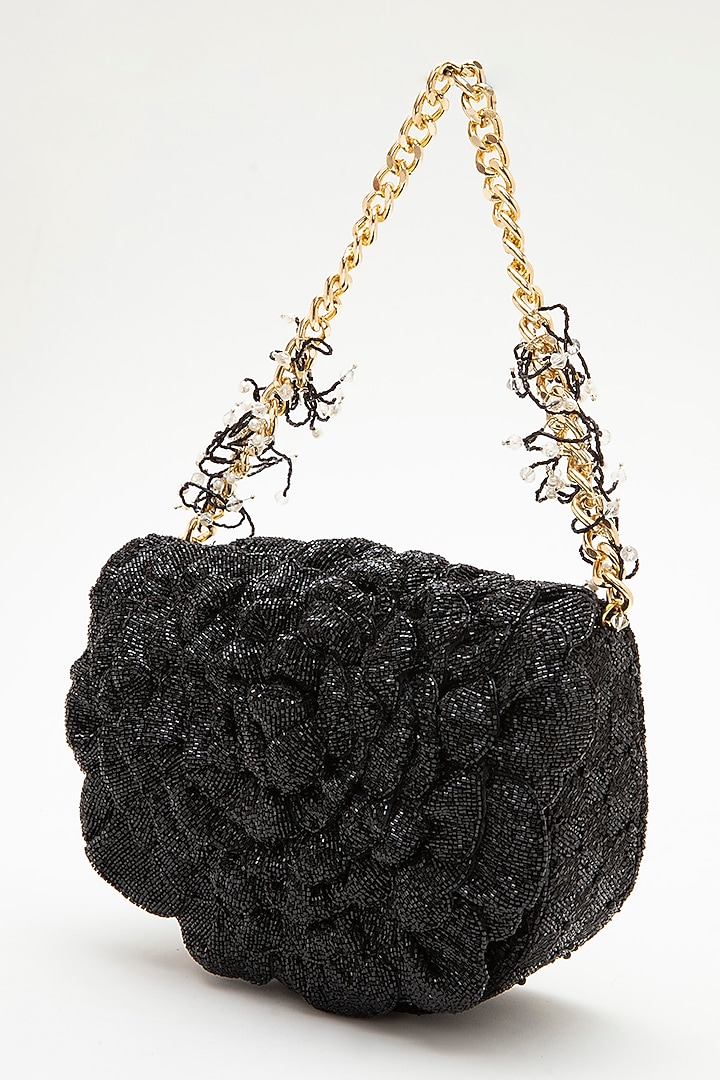 Black Microfiber Japanese Bugle Beaded Hand Embroidered Handcrafted Sling Bag by Doux Amour at Pernia's Pop Up Shop