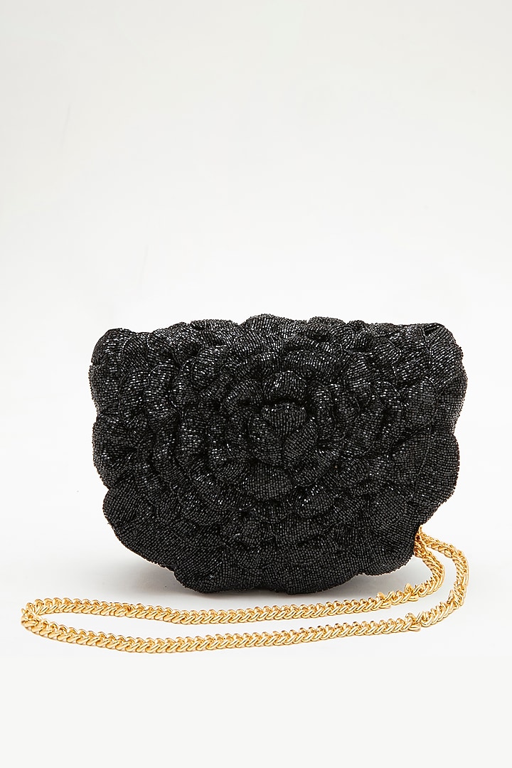 Black Microfiber Japanese Bugle Beaded Hand Embroidered Handcrafted Sling Bag by Doux Amour at Pernia's Pop Up Shop