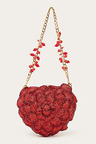 Red Faux Suede Hand Embroidered Clutch by Doux Amour
