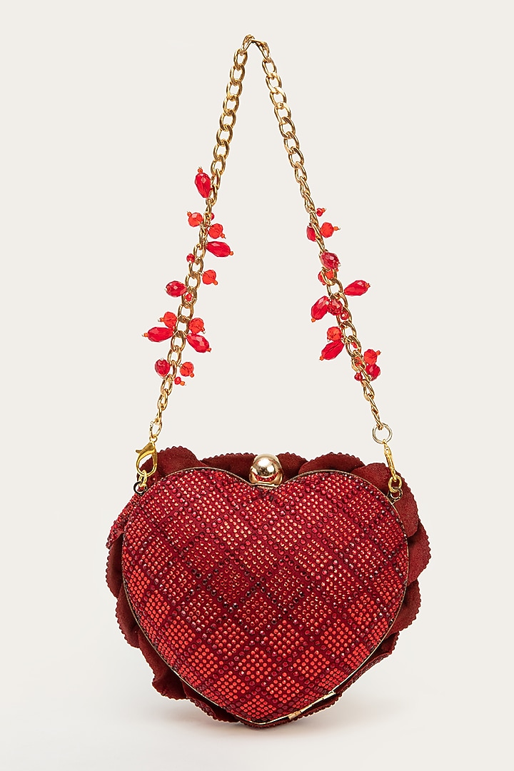 Red Faux Suede Hand Embroidered Clutch by Doux Amour at Pernia's Pop Up Shop