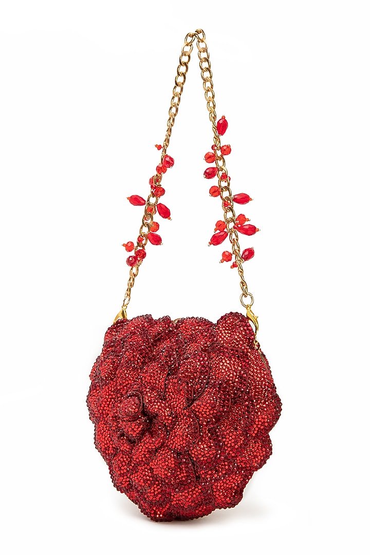 Red Faux Suede Hand Embroidered Clutch by Doux Amour at Pernia's Pop Up Shop