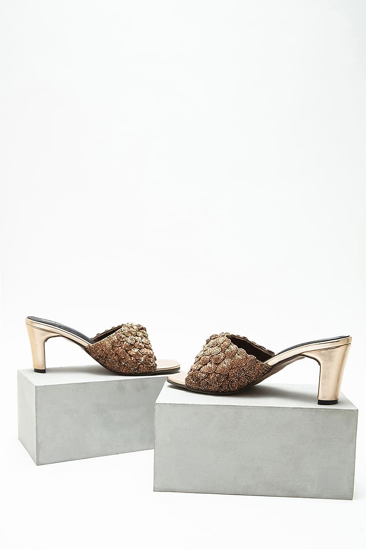 Rose Gold Recycled Poly Satin Hand Embroidered Heels by Doux Amour at Pernia's Pop Up Shop