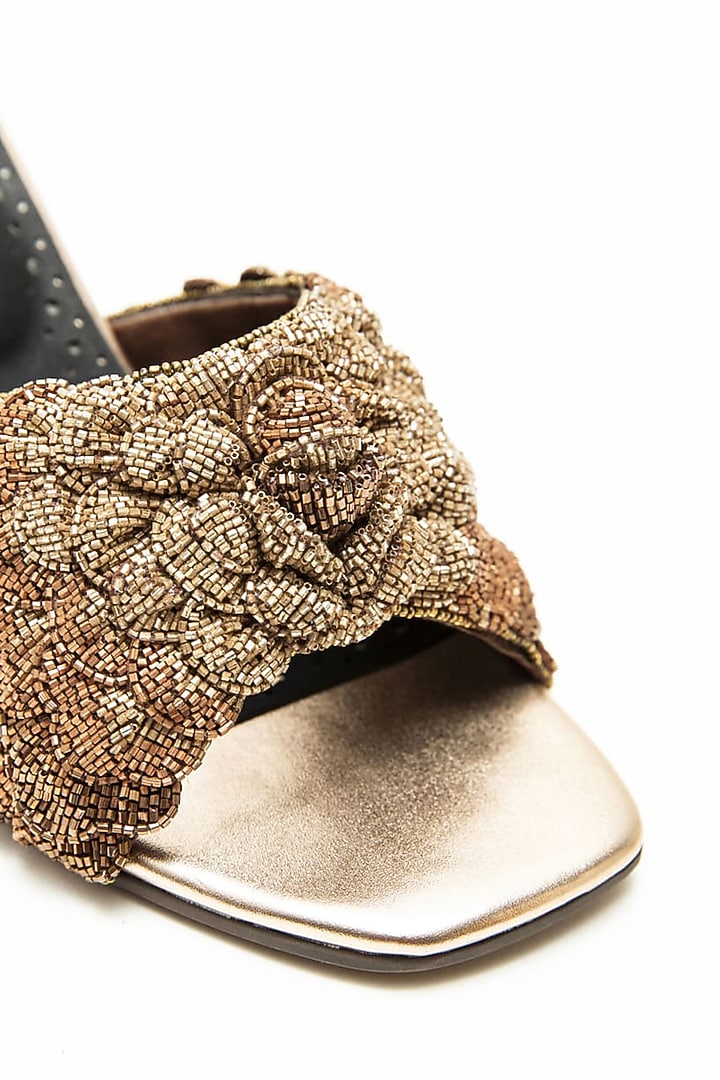 Rose Gold Recycled Poly Satin Hand Embroidered Heels by Doux Amour at Pernia's Pop Up Shop