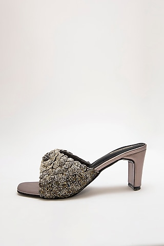 Silver Recycled Poly Satin Hand Embroidered Heels by Doux Amour