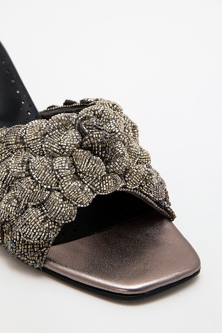 Silver Recycled Poly Satin Hand Embroidered Heels by Doux Amour at Pernia's Pop Up Shop