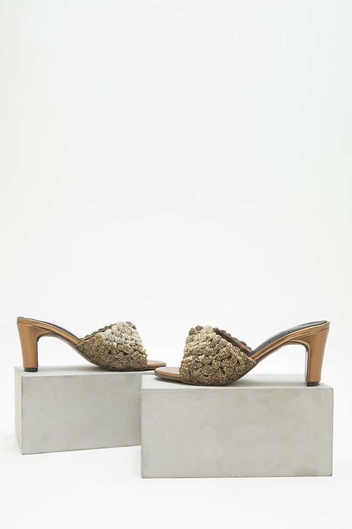 Beige Recycled Poly Satin Hand Embroidered Heels by Doux Amour at Pernia's Pop Up Shop