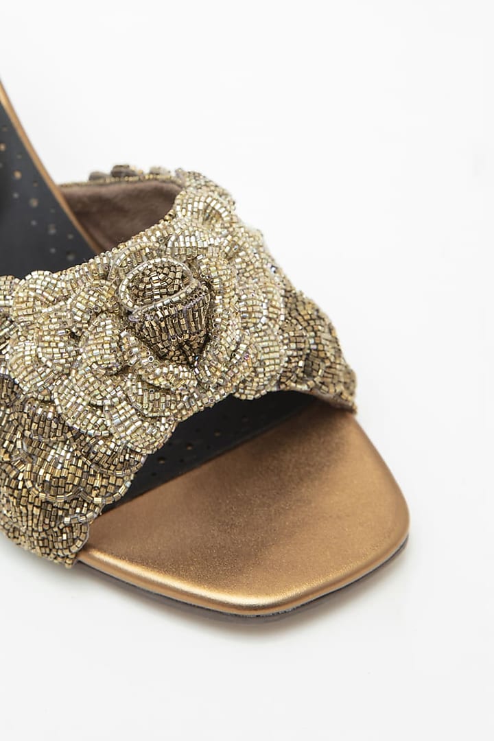 Beige Recycled Poly Satin Hand Embroidered Heels by Doux Amour at Pernia's Pop Up Shop