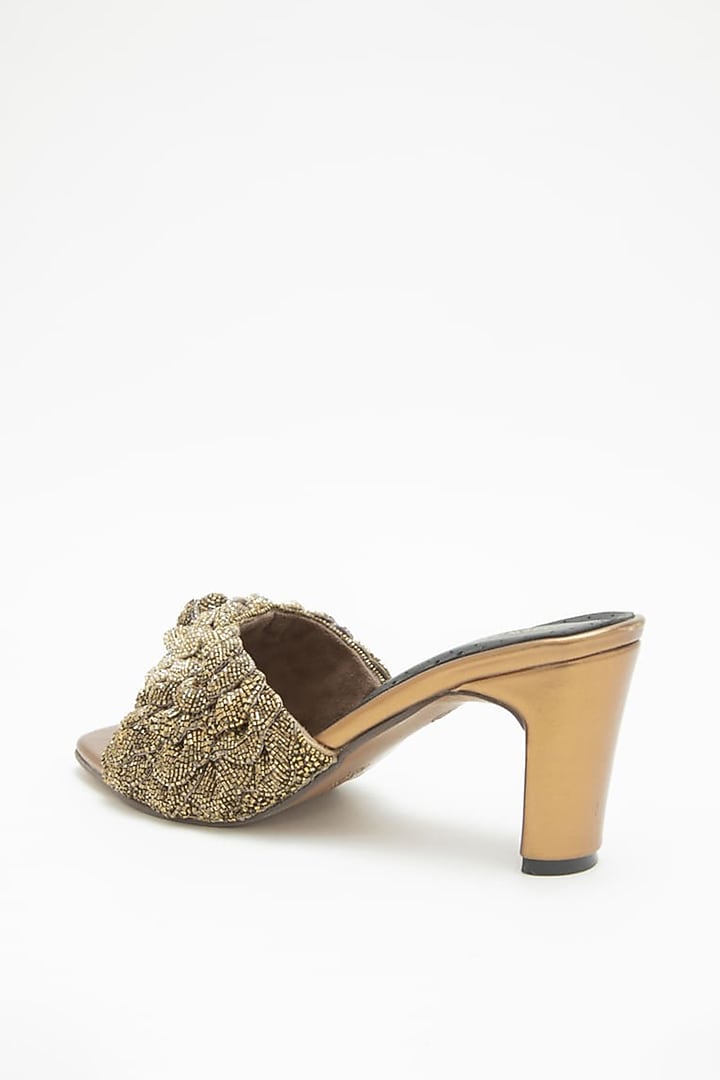 Beige Recycled Poly Satin Hand Embroidered Heels by Doux Amour at Pernia's Pop Up Shop
