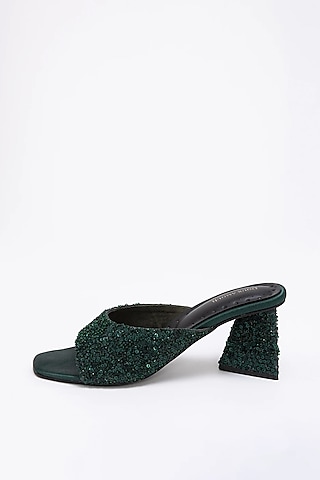 Green Recycled Poly Satin Embellished Heels by Doux Amour