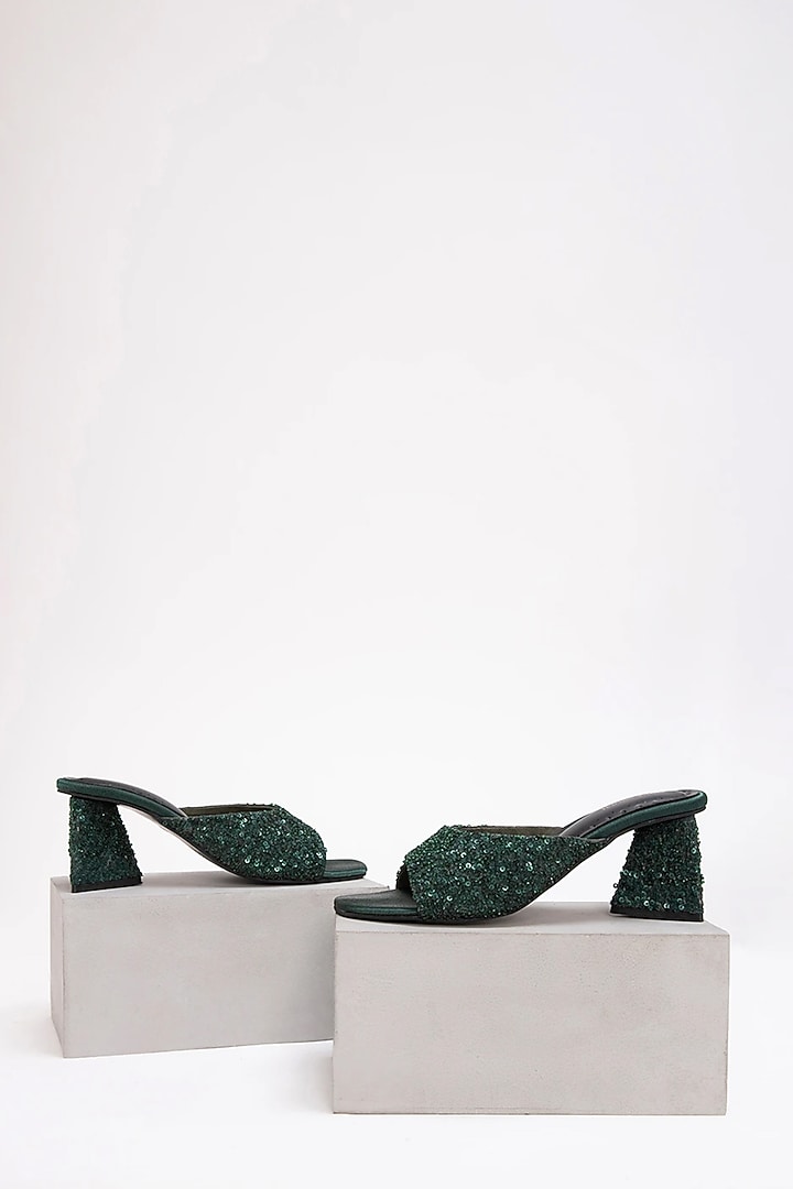 Green Recycled Poly Satin Embellished Heels by Doux Amour at Pernia's Pop Up Shop