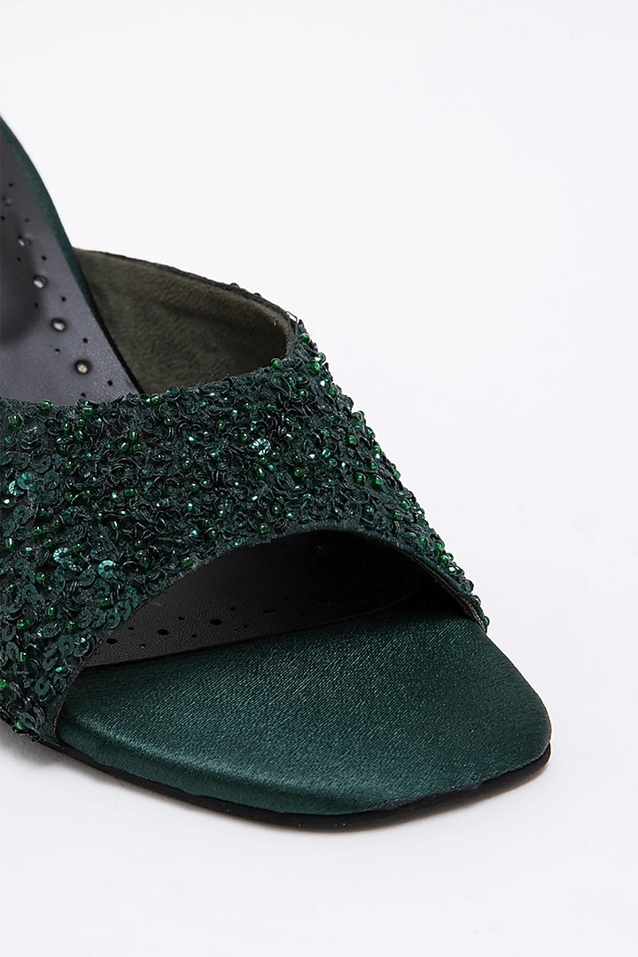 Green Recycled Poly Satin Embellished Heels by Doux Amour at Pernia's Pop Up Shop