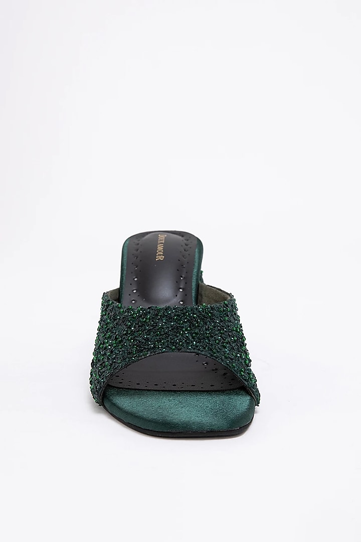Green Recycled Poly Satin Embellished Heels by Doux Amour at Pernia's Pop Up Shop