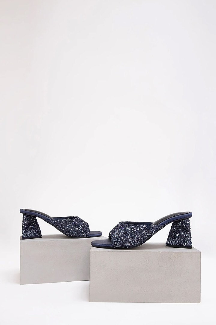 Blue Recycled Poly Satin Embellished Heels by Doux Amour at Pernia's Pop Up Shop
