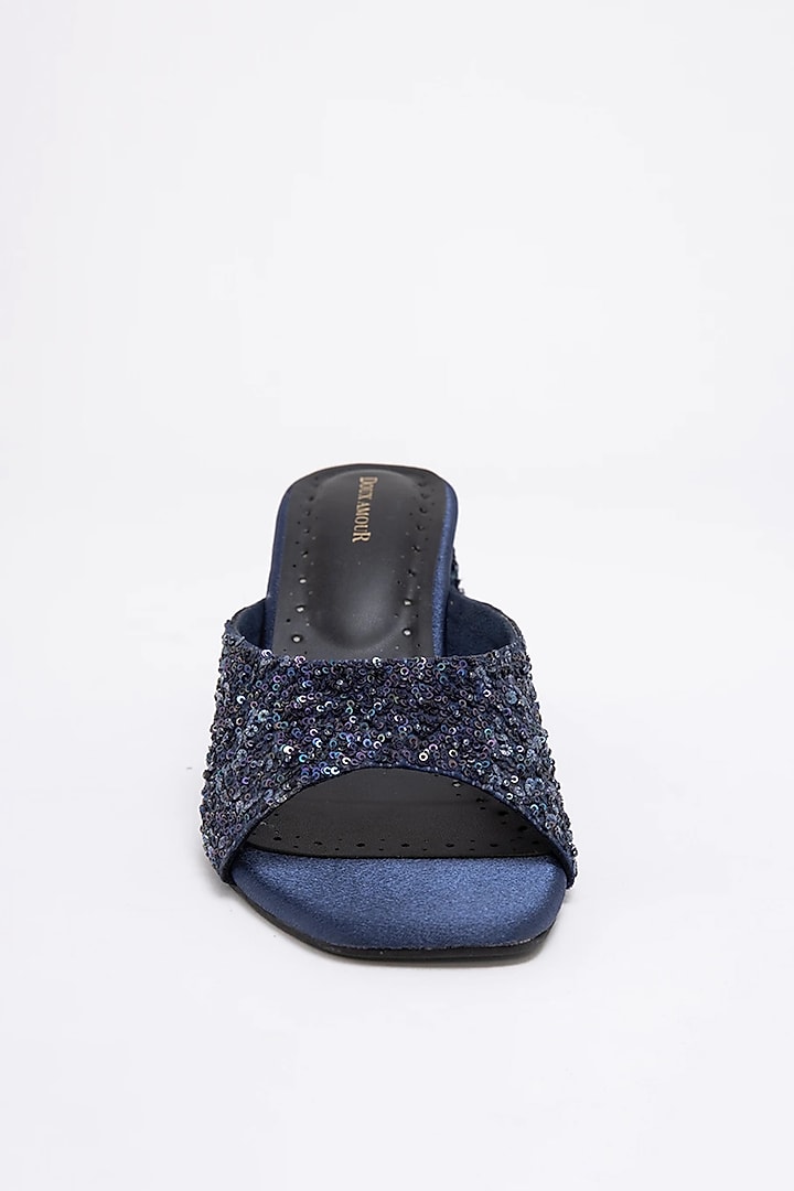 Blue Recycled Poly Satin Embellished Heels by Doux Amour at Pernia's Pop Up Shop