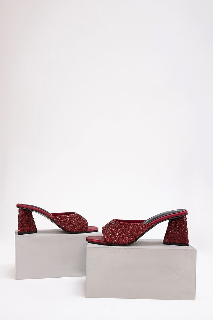 Red Recycled Poly Satin Embellished Heels by Doux Amour at Pernia's Pop Up Shop